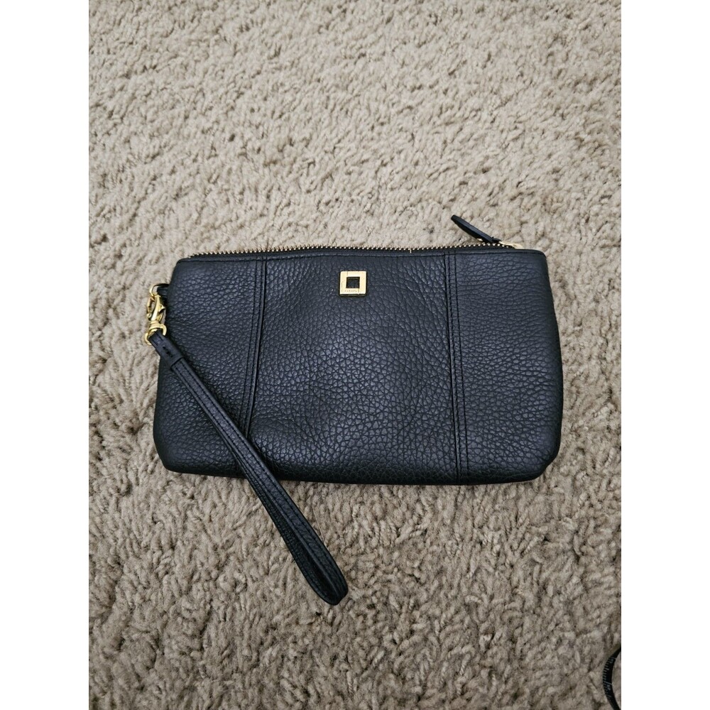 ​Lodis Black Pebbled Leather Wristlet Clutch Pouch Zip Top Wallet Gold Hardware
